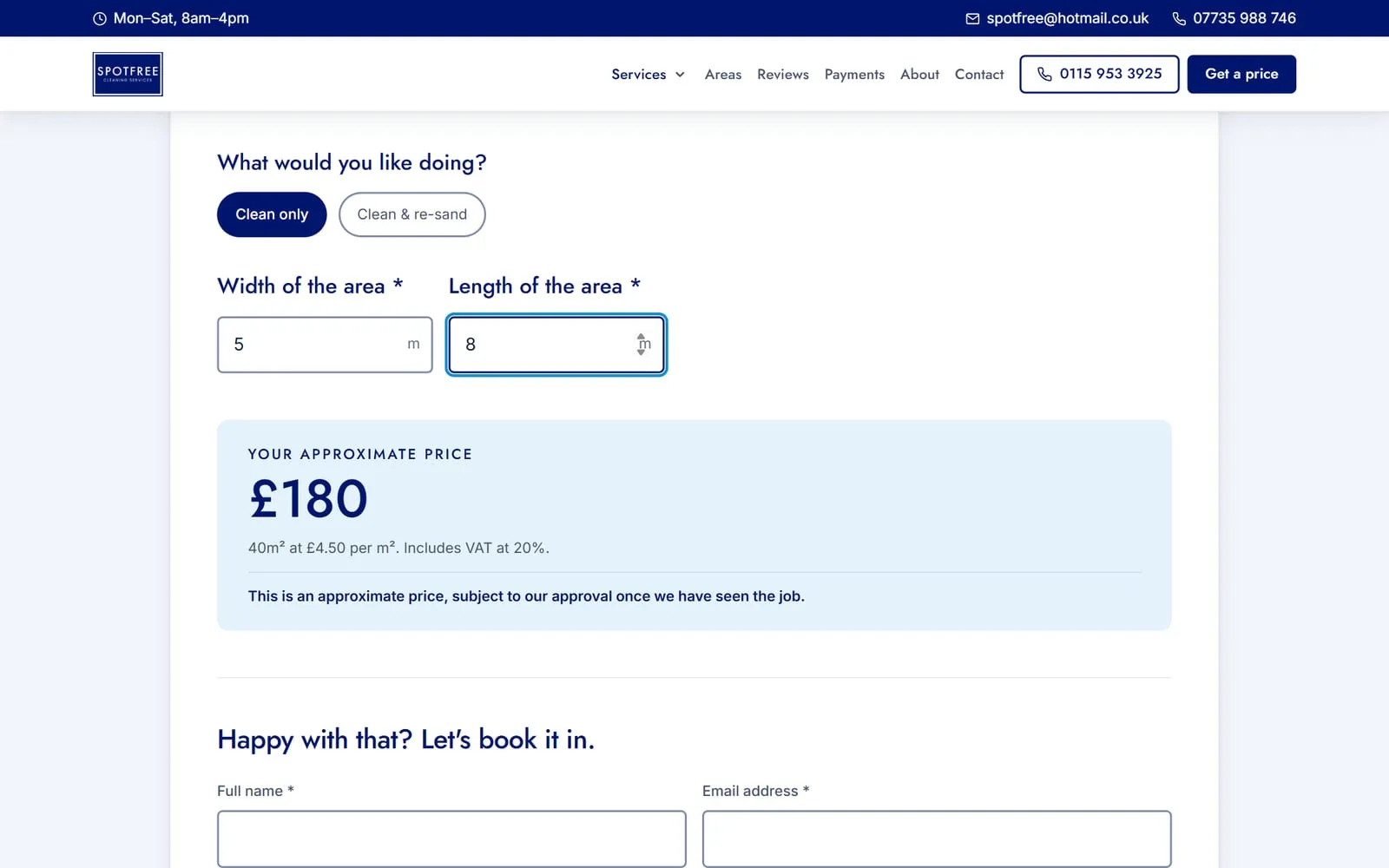 The SPOTFREE Cleaning Services driveway price calculator on a desktop screen