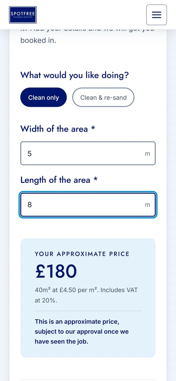 The SPOTFREE Cleaning Services driveway price calculator on a phone