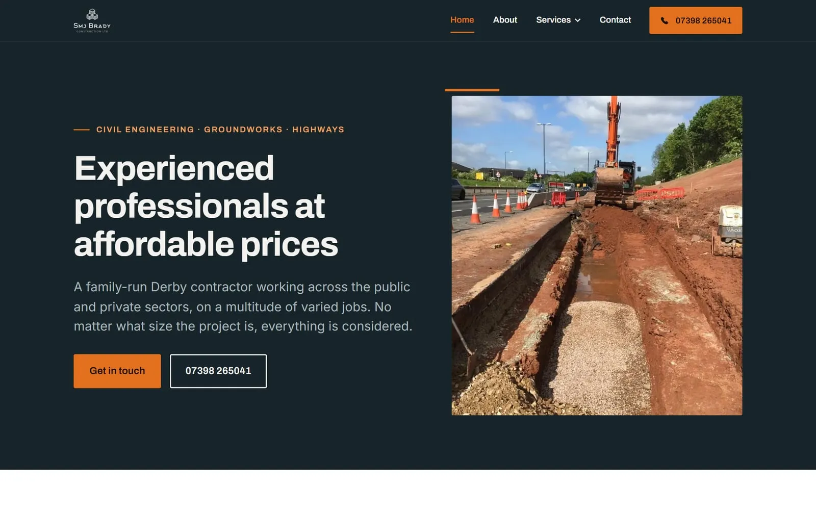The SMJ Brady Construction homepage on a desktop screen