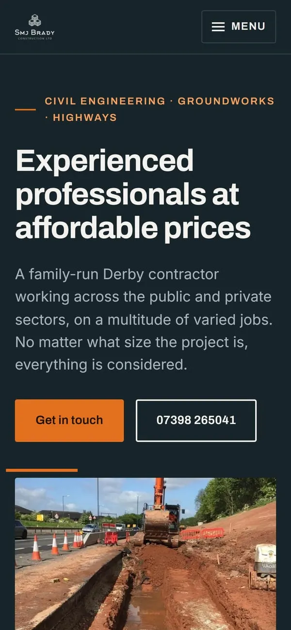The SMJ Brady Construction homepage on a phone