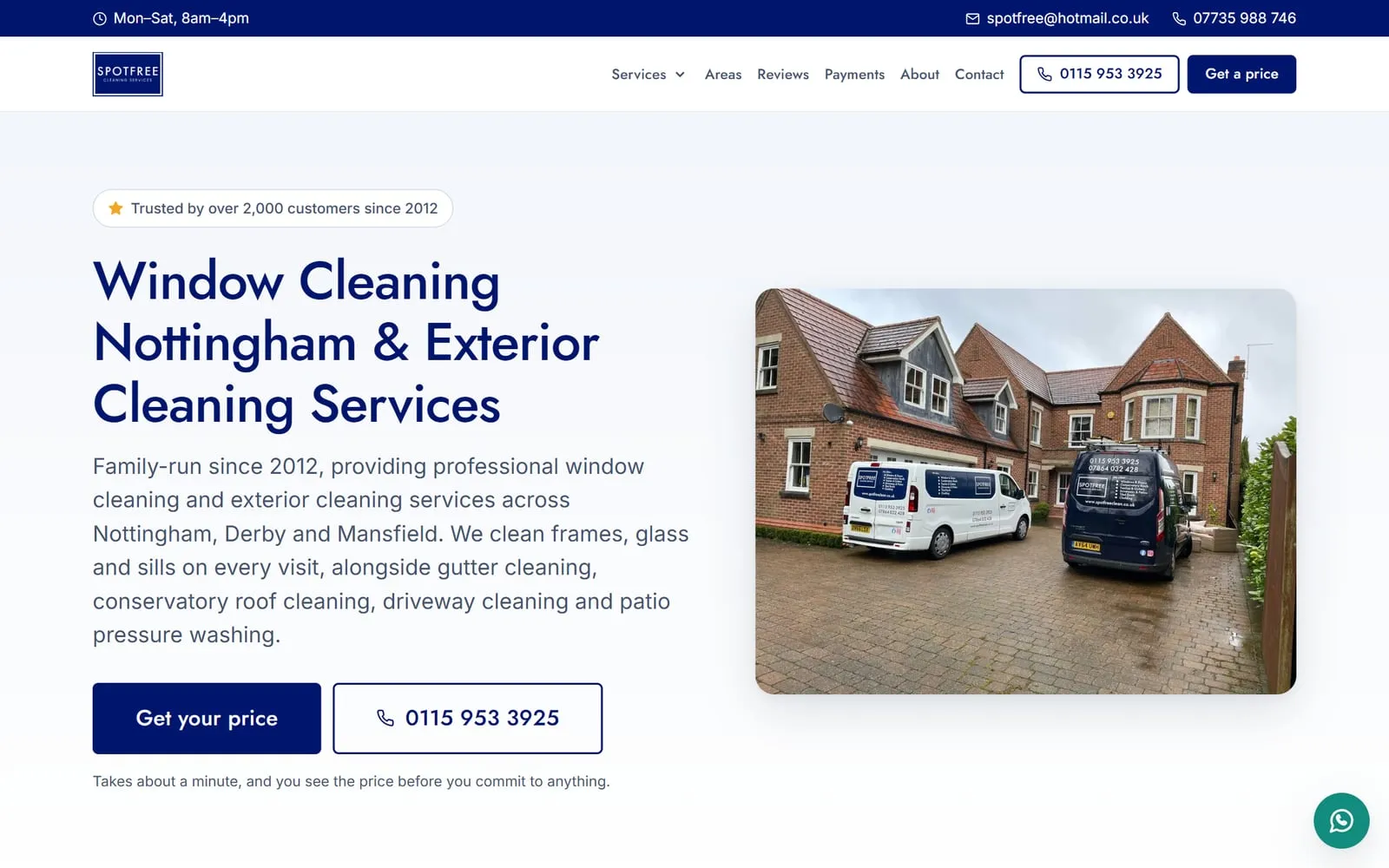 The SPOTFREE Cleaning Services homepage on a desktop screen