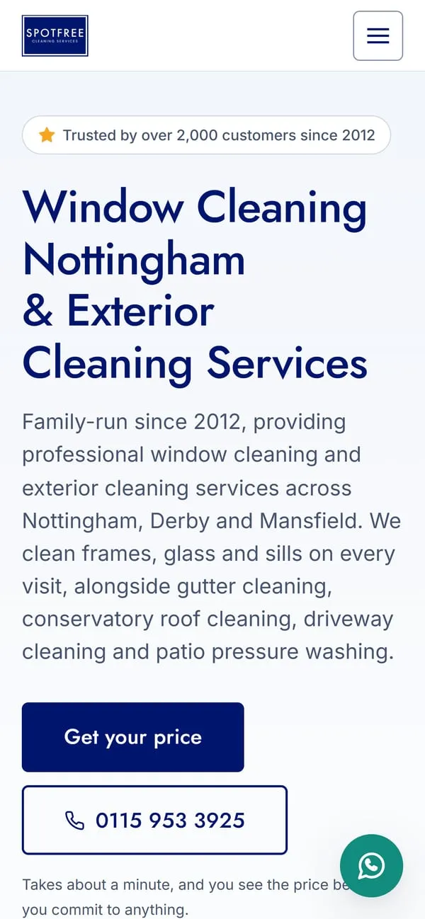 The SPOTFREE Cleaning Services homepage on a phone