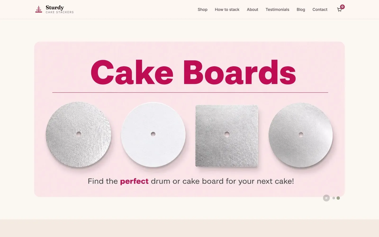 The Sturdy Cake Stackers homepage on a desktop screen