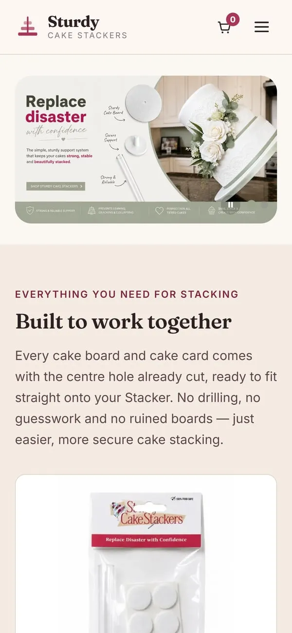 The Sturdy Cake Stackers homepage on a phone